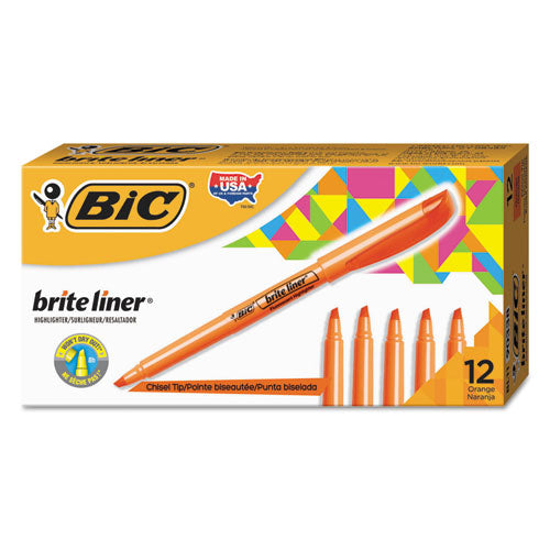 BIC Brite Liner Highlighter, Fluorescent Orange Ink, Chisel Tip, Orange-Black Barrel, Dozen BL11 ORG