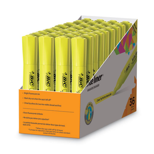 BIC Brite Liner Tank-Style Highlighter Value Pack, Yellow Ink, Chisel Tip, Yellow-Black Barrel, 36-Pack BLMG36YEL