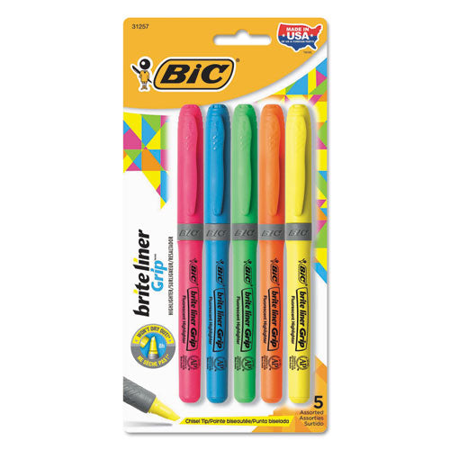 BIC Brite Liner Grip Pocket Highlighter, Assorted Ink Colors, Chisel Tip, Assorted Barrel Colors, 5-Set GBLP51ASST