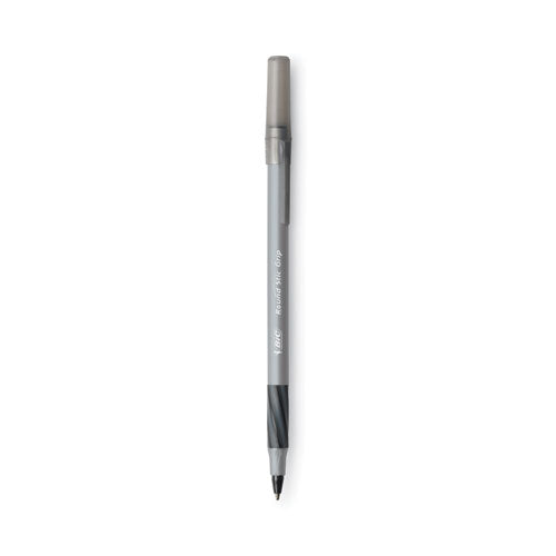 BIC Round Stic Grip Xtra Comfort Ballpoint Pen, Stick, Fine 0.8 mm, Black Ink, Gray-Black Barrel, Dozen GSFG11 BLK