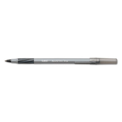 BIC Round Stic Grip Xtra Comfort Ballpoint Pen, Stick, Fine 0.8 mm, Black Ink, Gray-Black Barrel, Dozen GSFG11 BLK