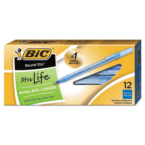 BIC Round Stic Xtra Life Ballpoint Pen, Stick, Medium 1 mm, Blue Ink, Translucent Blue Barrel, Dozen GSM11 BLU