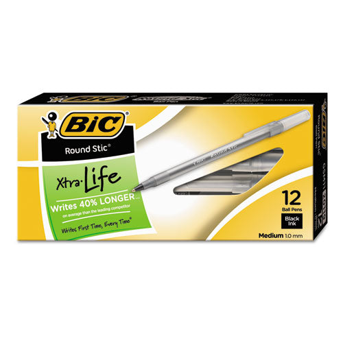 BIC Round Stic Xtra Life Ballpoint Pen, Stick, Medium 1 mm, Black Ink, Smoke Barrel, Dozen GSM11 BLK