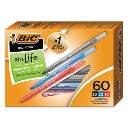 BIC Round Stic Xtra Precision Ballpoint Pen Value Pack, Stick, Medium 1 mm, Assorted Ink and Barrel Colors, 60-Pack GSM609AST