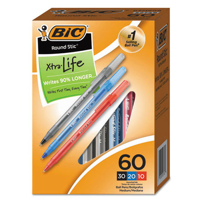 BIC Round Stic Xtra Precision Ballpoint Pen Value Pack, Stick, Medium 1 mm, Assorted Ink and Barrel Colors, 60-Pack GSM609AST