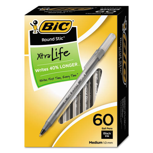 BIC Round Stic Xtra Life Ballpoint Pen Value Pack, Stick, Medium 1 mm, Black Ink, Smoke Barrel, 60-Box GSM609-BK