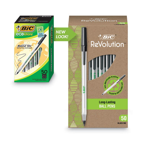 BIC Ecolutions Round Stic Ballpoint Pen Value Pack, Stick, Medium 1 mm, Black Ink, Clear Barrel, 50-Pack GSME509BK