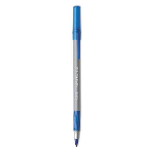 BIC Round Stic Grip Xtra Comfort Ballpoint Pen, Easy-Glide, Stick, Medium 1.2 mm, Blue Ink, Gray-Blue Barrel, Dozen GSMG11 BLU