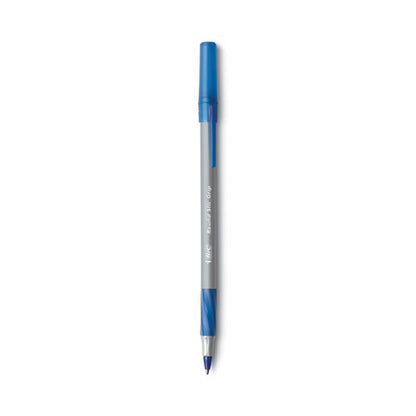 BIC Round Stic Grip Xtra Comfort Ballpoint Pen, Easy-Glide, Stick, Medium 1.2 mm, Blue Ink, Gray-Blue Barrel, Dozen GSMG11 BLU