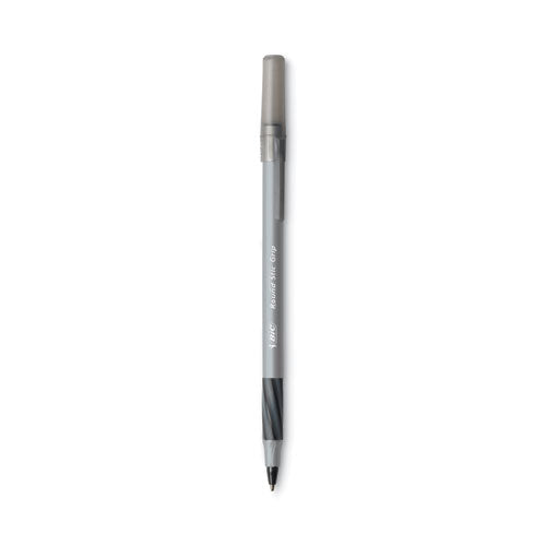 BIC Round Stic Grip Xtra Comfort Ballpoint Pen, Easy-Glide, Stick, Medium 1.2 mm, Black Ink, Gray-Black Barrel, Dozen GSMG11 BLK