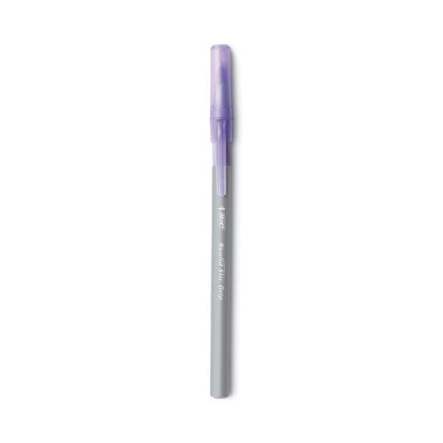 BIC Round Stic Grip Xtra Comfort Ballpoint Pen, Easy-Glide, Stick, Medium 1.2 mm, Purple Ink, Gray-Purple Barrel, Dozen GSMG11-PE