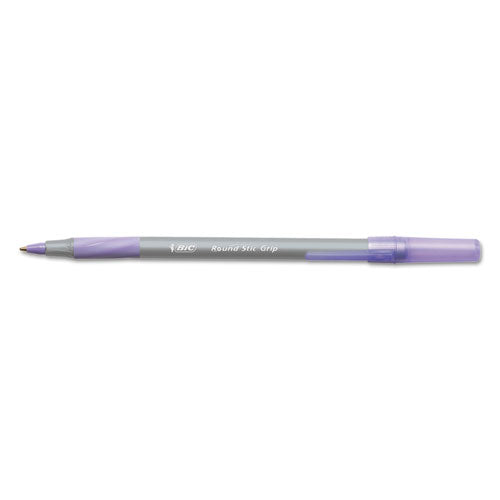 BIC Round Stic Grip Xtra Comfort Ballpoint Pen, Easy-Glide, Stick, Medium 1.2 mm, Purple Ink, Gray-Purple Barrel, Dozen GSMG11-PE