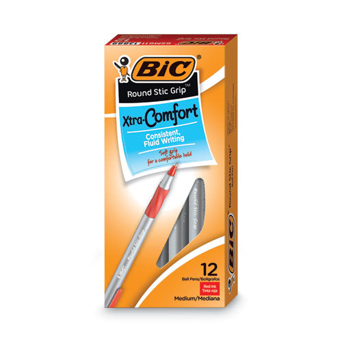 BIC Round Stic Grip Xtra Comfort Ballpoint Pen, Easy-Glide, Stick, Medium 1.2 mm, Red Ink, Gray-Red Barrel, Dozen GSMG11 RED