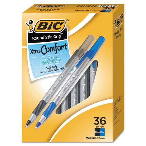 BIC Round Stic Grip Xtra Comfort Ballpoint Pen Value Pack, Easy-Glide, Stick, Medium 1.2mm, Assorted Ink and Barrel Colors, 36-PK GSMG361-AST