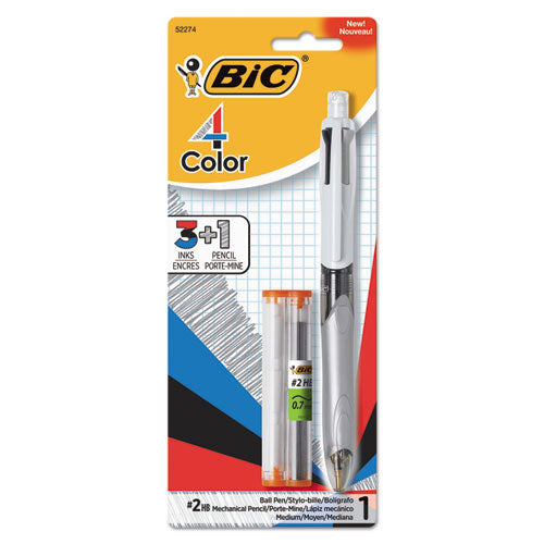 BIC 4-Color 3 + 1 Multi-Color Ballpoint Pen-Pencil, Retractable, 1 mm Pen-0.7 mm Pencil, Black-Blue-Red Ink, Gray-White Barrel MMLP1-AST