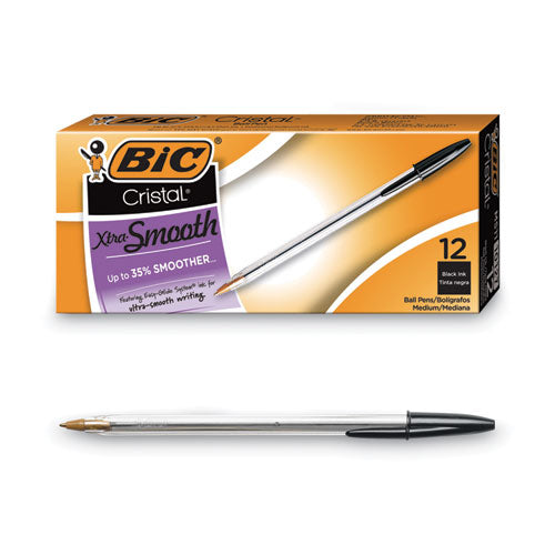 BIC Cristal Xtra Smooth Ballpoint Pen, Stick, Medium 1 mm, Black Ink, Clear Barrel, Dozen MS11 BLK