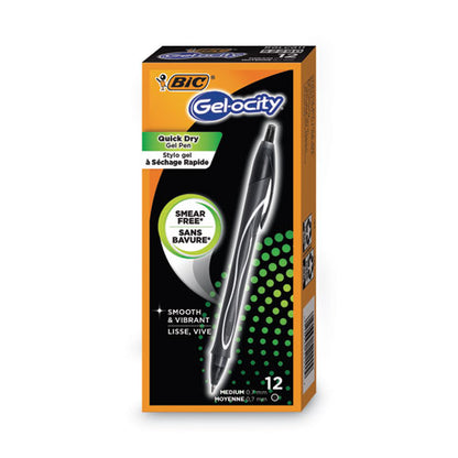 BIC Gel-ocity Quick Dry Gel Pen, Retractable, Medium 0.7 mm, Black Ink, Black Barrel, Dozen RGLCG11-BK