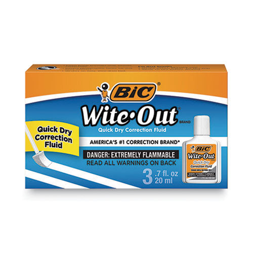 BIC Wite-Out Quick Dry Correction Fluid, 20 mL Bottle, White, 3-Pack WOFQD324