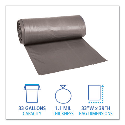 Boardwalk Low-Density Waste Can Liners, 33 gal, 1.1 mil, 33" x 39", Gray, 100-Carton H6639SGKR01