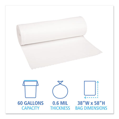 Boardwalk Low-Density Waste Can Liners, 60 gal, 0.6 mil, 38" x 58", White, 100-Carton H7658HWKR01