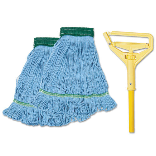 Boardwalk Looped End Mop Kit, Medium Blue Cotton-Rayon-Synthetic Head, 60" Yellow Metal-Polypropylene Handle BWK400MBC