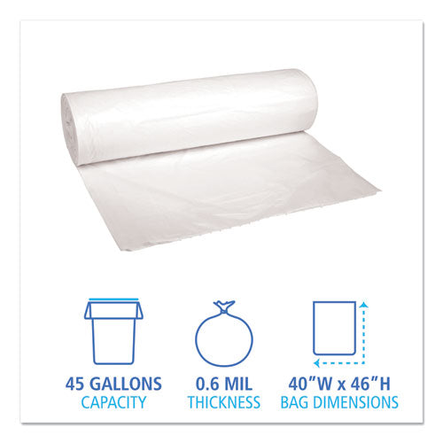 Boardwalk Low-Density Waste Can Liners, 45 gal, 0.6 mil, 40" x 46", White, 100-Carton H8046HWKR01