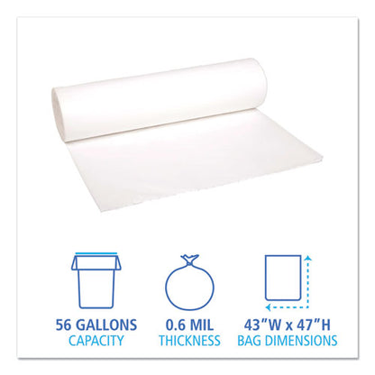 Boardwalk Low-Density Waste Can Liners, 56 gal, 0.6 mil, 43" x 47", White, 100-Carton H8647HWKR01