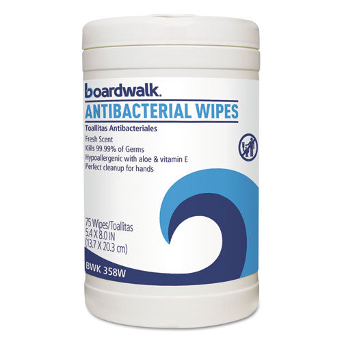 Boardwalk Antibacterial Wipes, 8 x 5 2-5, Fresh Scent, 75-Canister, 6 Canisters-Carton BWK458W