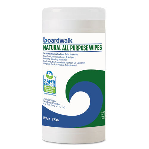 Boardwalk Natural All Purpose Wipes, 7 x 8, Unscented, 75 Wipes-Canister, 6-Carton BWK4736