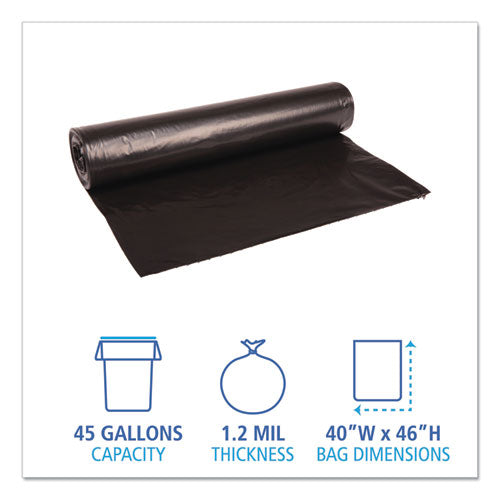 Boardwalk Low Density Repro Can Liners, 45 gal, 1.2 mil, 40" x 46", Black, 10 Bags-Roll, 10 Rolls-Carton BWK517