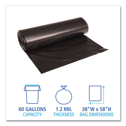 Boardwalk Low Density Repro Can Liners, 60 gal, 1.2 mil, 38" x 58", Black, 10 Bags-Roll, 10 Rolls-Carton BWK519