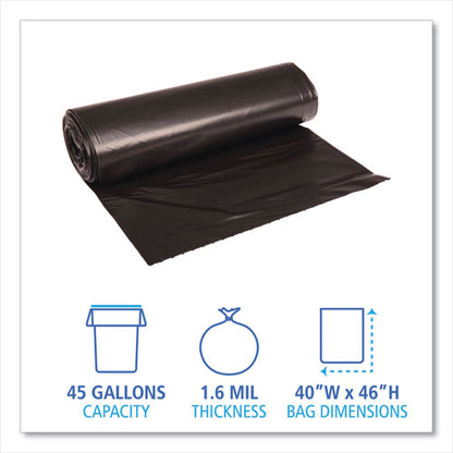 Boardwalk Low Density Repro Can Liners, 45 gal, 1.6 mil, 40" x 46", Black, 10 Bags-Roll, 10 Rolls-Carton BWK521