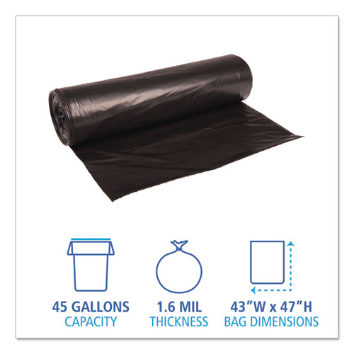 Boardwalk Low Density Repro Can Liners, 56 gal, 1.6 mil, 43" x 47", Black, 10 Bags-Roll, 10 Rolls-Carton BWK522