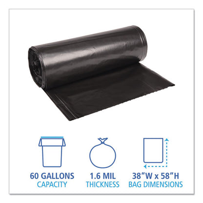 Boardwalk Low Density Repro Can Liners, 60 gal, 1.6 mil, 38" x 58", Black, 10 Bags-Roll, 10 Rolls-Carton BWK523