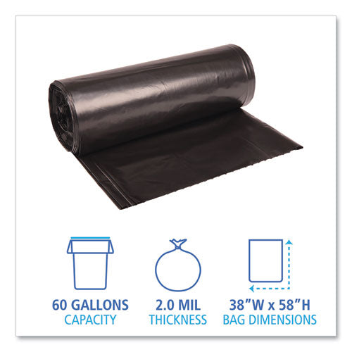 Boardwalk Low Density Repro Can Liners, 60 gal, 2 mil, 38" x 58", Black, 10 Bags-Roll, 10 Rolls-Carton BWK526