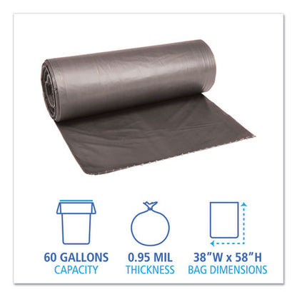 Boardwalk Low-Density Waste Can Liners, 60 gal, 0.95 mil, 38" x 58", Gray, 100-Carton H7658TGKR01