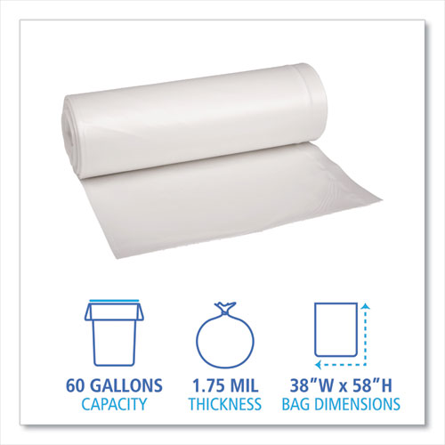 Boardwalk Low Density Repro Can Liners, 60 gal, 1.75 mil, 38" x 58", Clear, 10 Bags-Roll, 10 Rolls-Carton BWK538