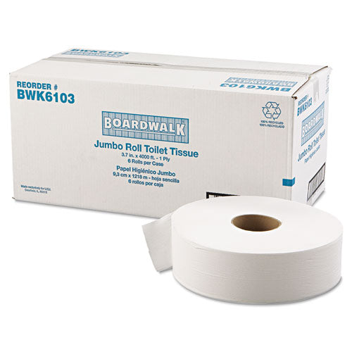 Boardwalk JRT Bath Tissue, Jumbo, Septic Safe, 1-Ply, White, 3 5-8" x 4000 ft, 6-Carton BWK6103