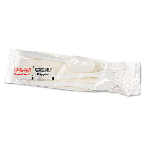 Boardwalk Cutlery Kit, Plastic Fork-Spoon-Knife-Salt-Polypropylene-Napkin, White, 250-Carton BWK6KITMW