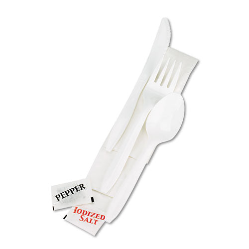 Boardwalk Cutlery Kit, Plastic Fork-Spoon-Knife-Salt-Polypropylene-Napkin, White, 250-Carton BWK6KITMW