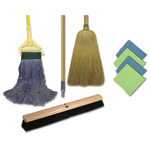 Boardwalk Cleaning Kit, Medium Blue Cotton-Rayon-Synthetic Head, 60" Natural-Yellow Wood-Metal Handle BWKCLEANKIT