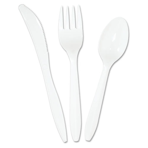 Boardwalk Three-Piece Cutlery Kit, Fork-Knife-Teaspoon, Polypropylene, White, 250-Carton BWKCOMBOKIT