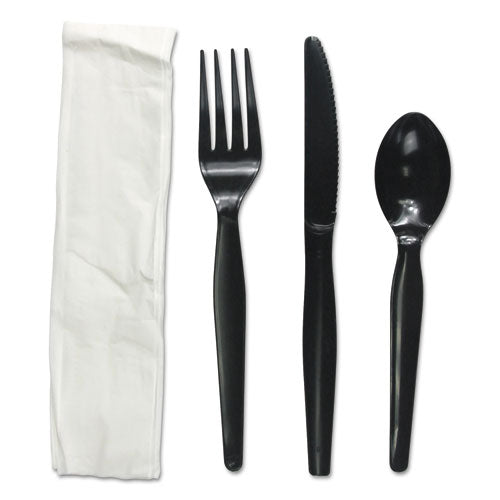 Boardwalk Four-Piece Cutlery Kit, Fork-Knife-Napkin-Teaspoon, Heavyweight, Black, 250-Carton BWKFKTNHWPSBLA