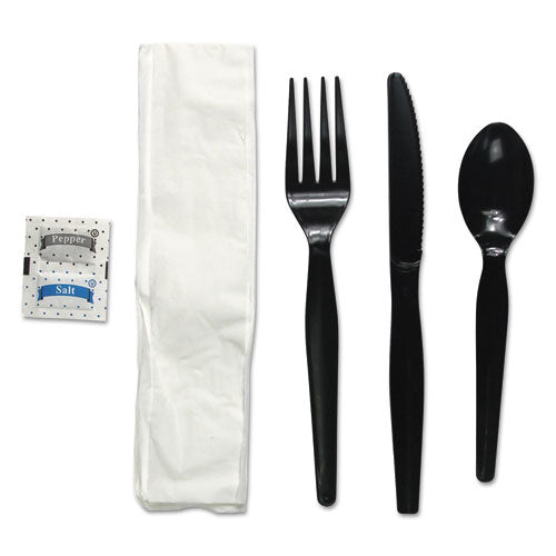 Boardwalk Six-Piece Cutlery Kit, Condiment-Fork-Knife-Napkin-Spoon, Heavyweight, Black, 250-Carton BWKFKTNSHWPSBLA
