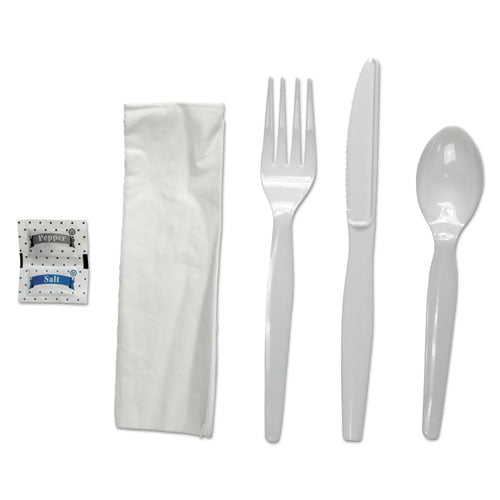 Boardwalk Six-Piece Cutlery Kit, Condiment-Fork-Knife-Napkin-Spoon, Heavyweight, White, 250-Carton BWKFKTNSHWPSWH