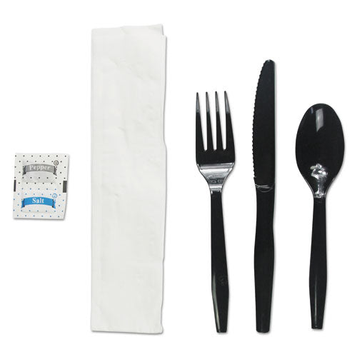 Boardwalk Six-Piece Cutlery Kit, Condiment-Fork-Knife-Napkin-Teaspoon, Black, 250-Carton BWKFKTNSMWPSBLA