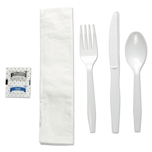 Boardwalk Six-Piece Cutlery Kit, Condiment-Fork-Knife-Napkin-Teaspoon, White, 250-Carton BWKFKTNSMWPSWH