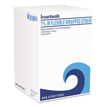 Boardwalk Flexible Wrapped Straws, 7.75", Plastic, White, 500-Pack, 20 Packs-Carton BWKFSTW775W25