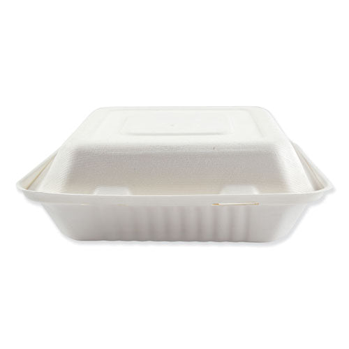 Boardwalk Bagasse Food Containers, Hinged-Lid, 3-Compartment 9 x 9 x 3.19, White, 100-Sleeve, 2 Sleeves-Carton HL-93BW
