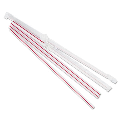 Boardwalk Wrapped Jumbo Straws, 7.75", Plastic, Red w-White Stripe, 400-Pack, 25 Packs-Carton BWKJSTW775S24